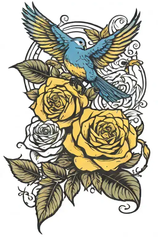 blue and yellow rose with black and white birds flying tattoo design idea