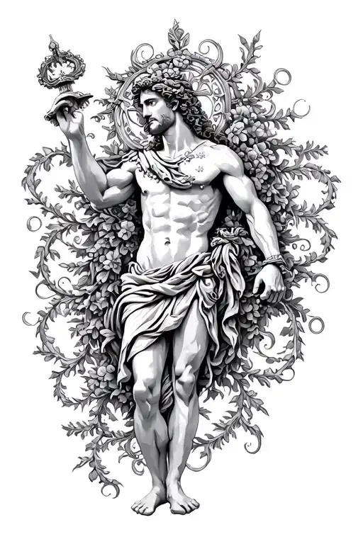 Greek god surrounded by filigree vine intertwined tattoo design idea
