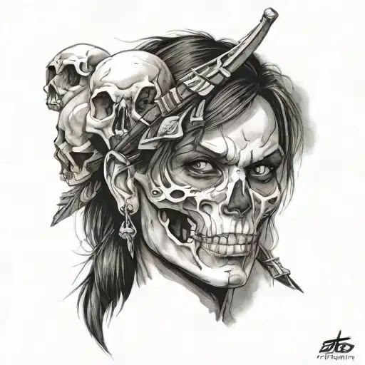 tomb raider, skulls, catacumb, realistic, face, standup tattoo design idea