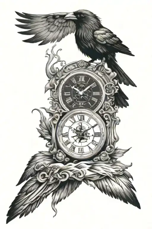Clock with audio wave form and a crow perched tattoo design idea