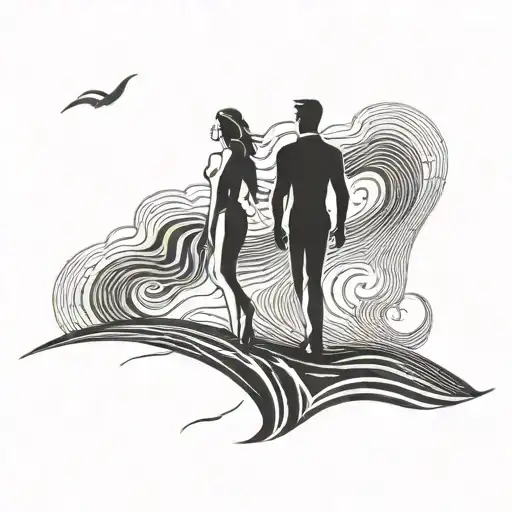 Three simple silhouettes standing on a horizon line: Three stylized shapes representing two men and a woman, tattoo design idea