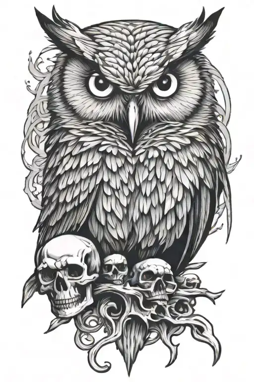 Angry owl perched on skull tattoo design idea