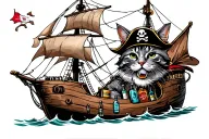 pirate ship with cat captain at the bar tattoo design idea