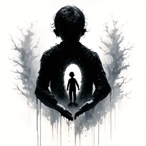 In a dark and misty setting, a barely perceptible childish silhouette is held, almost engulfed by the shadows tattoo design idea
