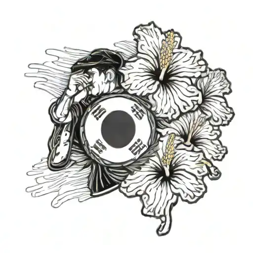 South Korean veteran saluting in front of the national flag with a background of hibiscus flowers tattoo design idea