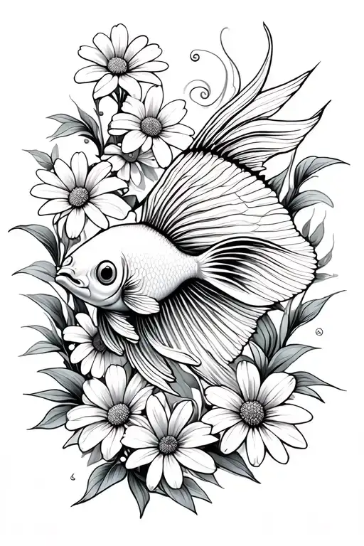 beta fish with daisies and lily and vines around it tattoo design idea