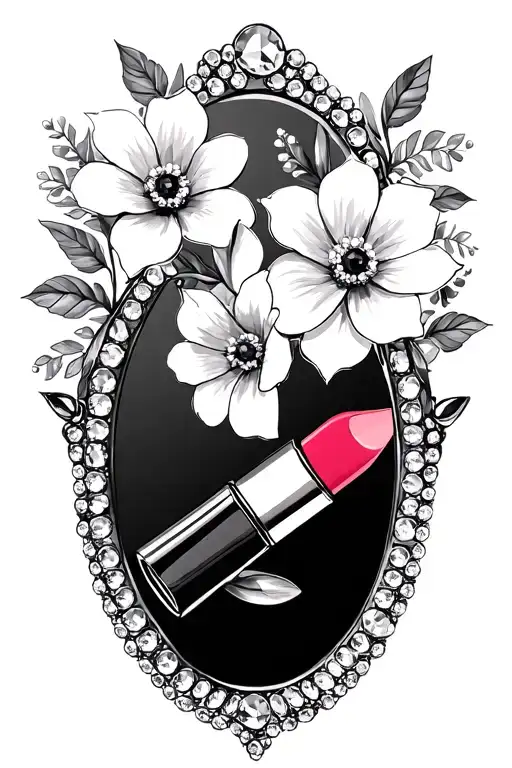 rhinestone mirror with cosmo flowers and a tube of lipstick in the reflection tattoo design idea