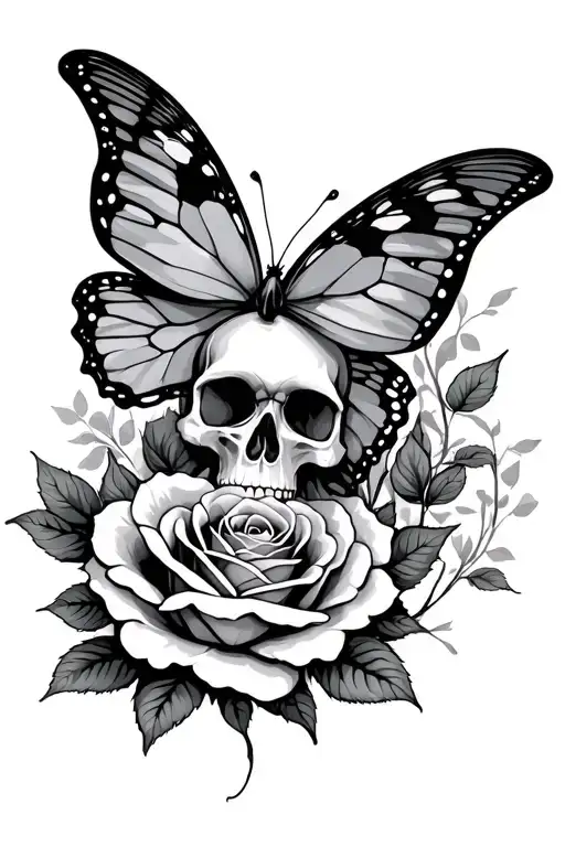 Skull Butterfly rose surrounded tattoo design idea