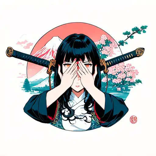 girl holding a half open Japanese sword with two hands covering her face, there is image of Fuji and Sakura on a blade  tattoo design idea