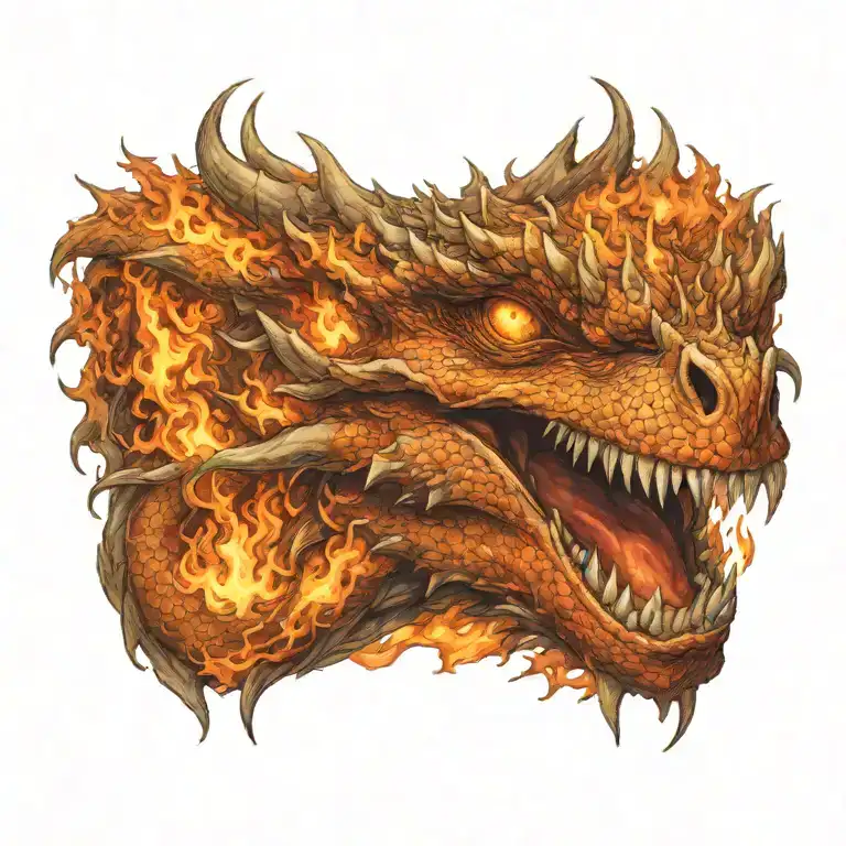 A dragon's face emerging from flames and fire. The dragon should be based off of Caraxes from House of the Dragon tattoo design idea