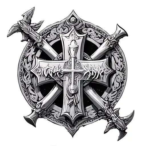 a medieval cross with the medallion of Saint Benedict and a Knight Templar tattoo design idea