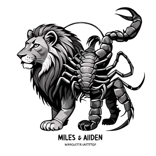 lion and scorpion with names Miles and Aiden tattoo design idea