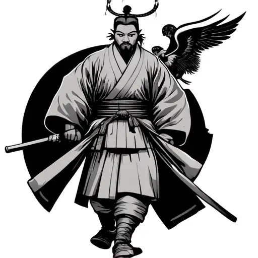 A solemn Japanese samurai (or ronin) in traditional hakama and kimono, walking in profile view. A small winged cherub or tattoo design idea