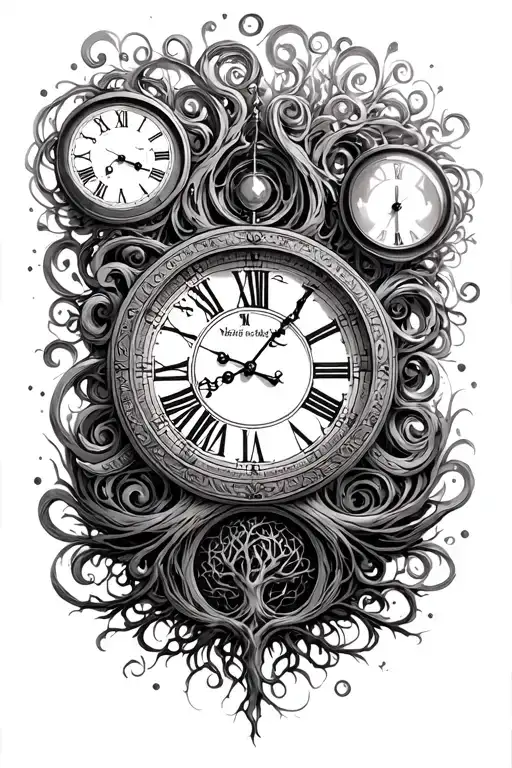Father Time swirling clocks filled with Roman numerals and hour glasses, also include the tree of life.  tattoo design idea