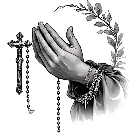 A woman’s praying hands holding a rosary catholic tattoo design idea