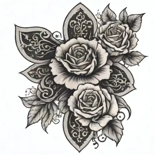 cross with rose, carnation, cherry blossom  tattoo design idea