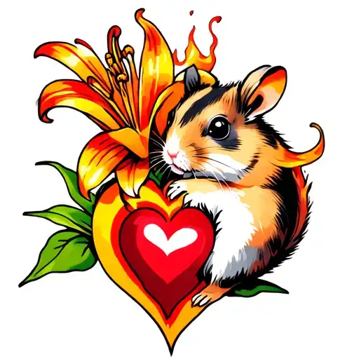 fireball lily and hamster paws and heart symbolizing love tattoo design idea