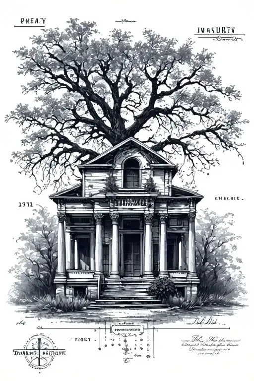 historic blueprint incorporating elements, dslr camera, abandoned house, dead tree, camera, Roman architecture  tattoo design idea