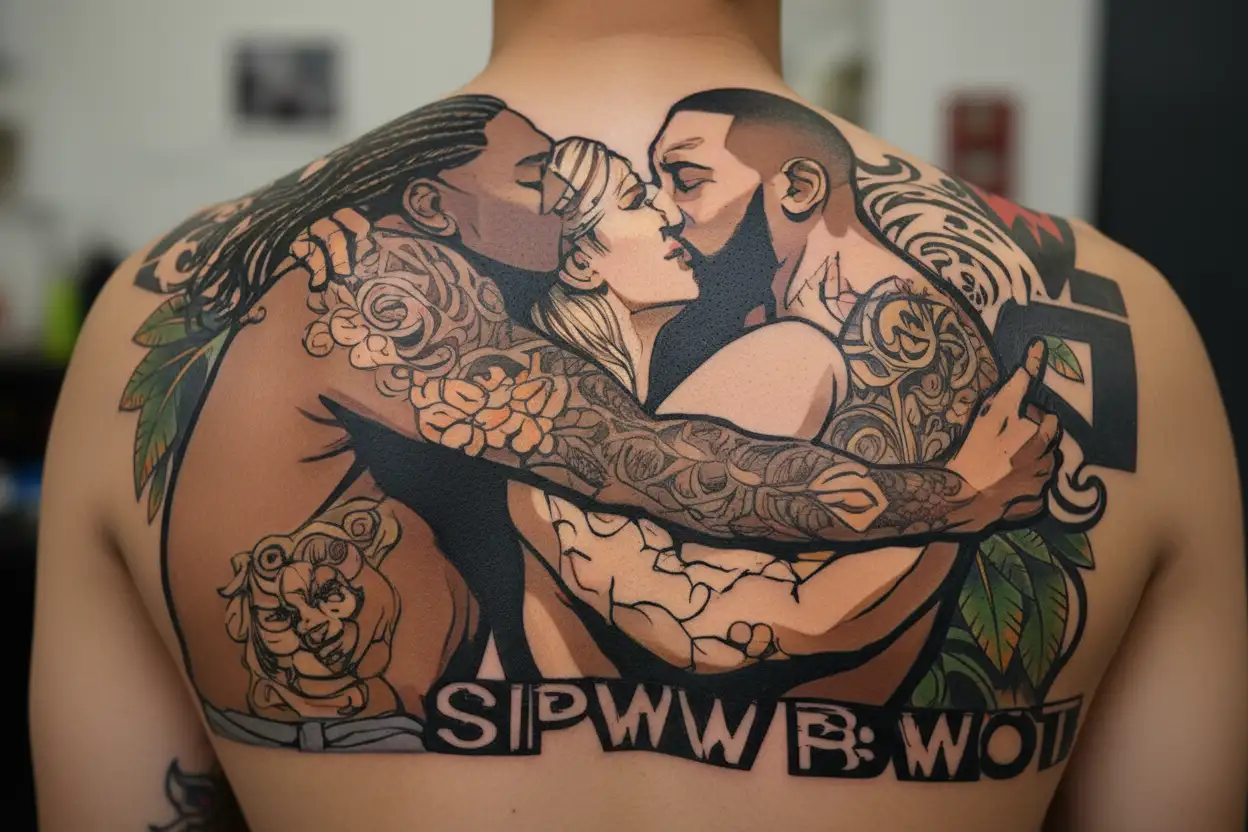 text: Support BNWO, big muscular black man kiss skinny white girl tattoo design idea