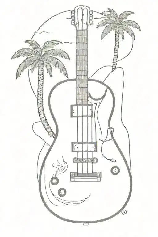 The outline of a gibson guitar with GUION on the headstock, a harry potter lightning bolt, a palm tree, a neat bourbon tattoo design idea