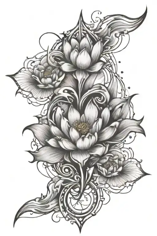 lightening bolt, three connecting hearts, lotus flower tattoo design idea
