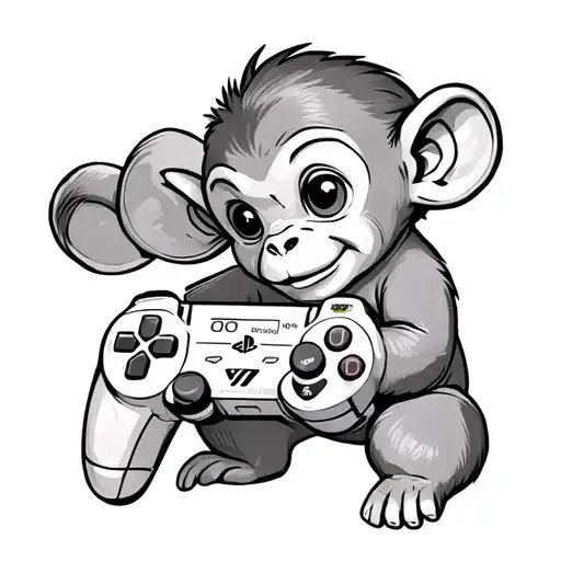 A baby monkey holding PlayStation controller tattoo design idea