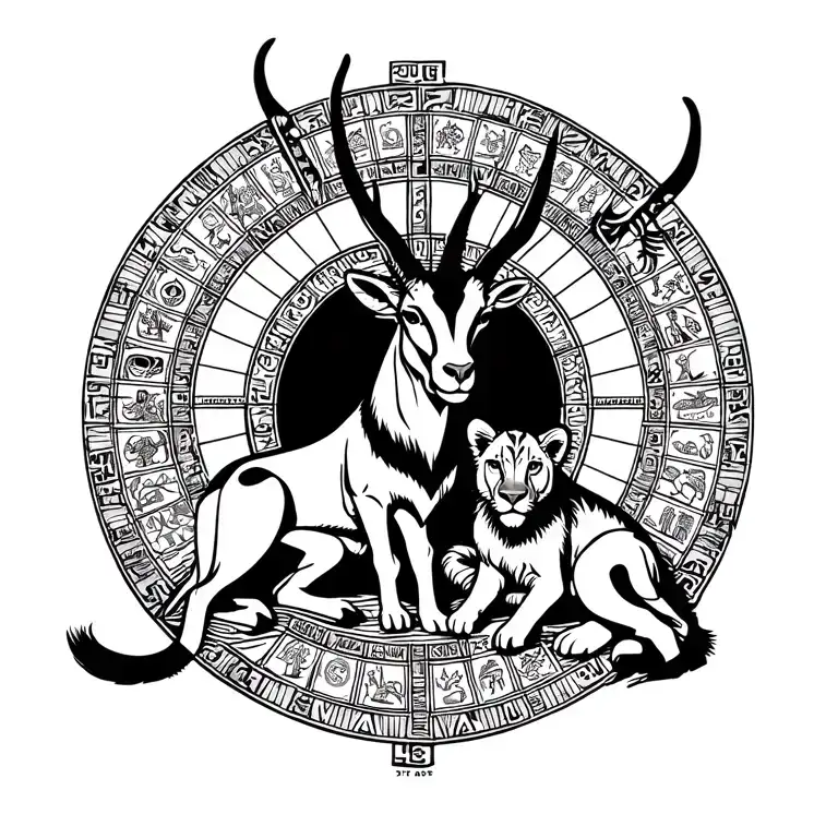 Mayan calendar featuring a sitting gazelle in the center with a lion cub nestled between its legs. tattoo design idea