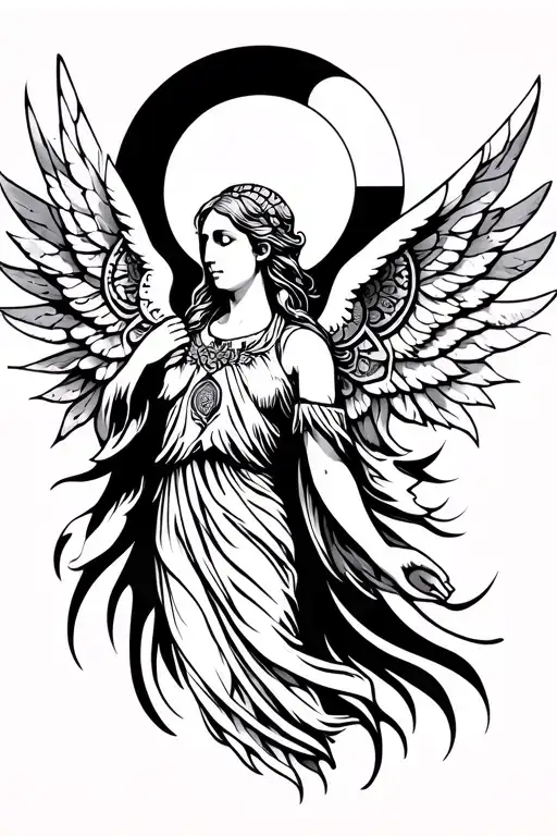 beautiful angel, with mandala in background and sun rising behind head geometric design on arm sleeve tattoo design idea