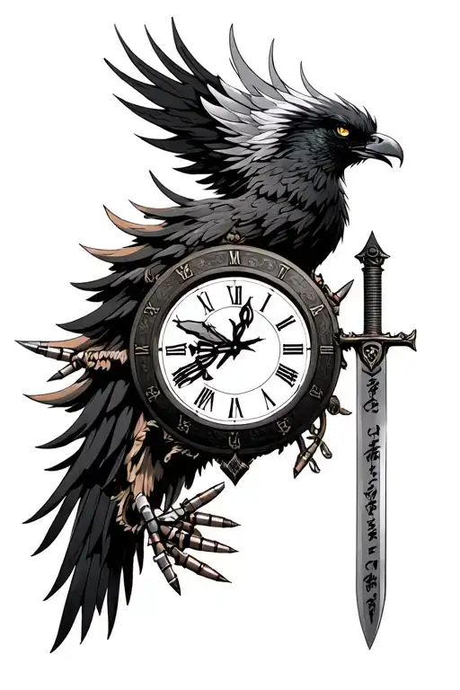 Half a clock with the korean taeguki lines instead of the clock numbers. have a phoenix with bullets and a fixed blade tattoo design idea