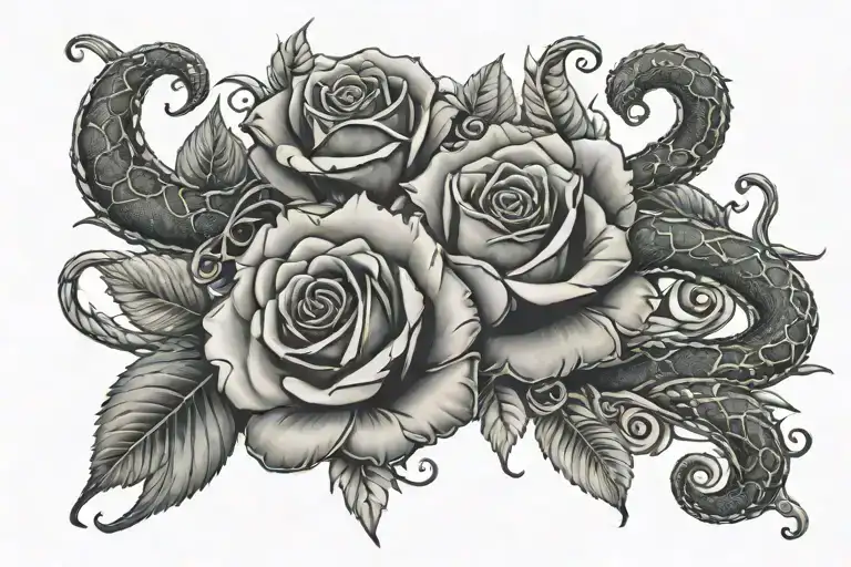 snake dollar and roses tattoo design idea