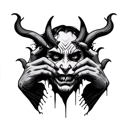 Demon face and hands scratching skin tattoo design idea