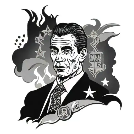 stomach: Flames at the bottom Miami heat logo on the left lucky Luciano with a wanted poster clouds with stars and a hig tattoo design idea