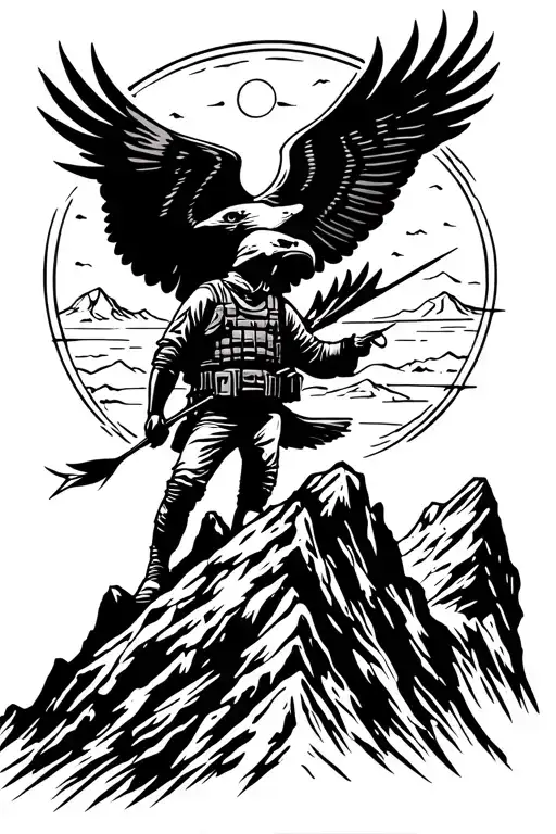 A soldier silhouette standing on a mountain peak with an eagle flying overhead and an arrow in hand tattoo design idea