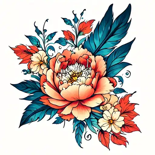 phoenix feather with peony flowers tattoo design idea