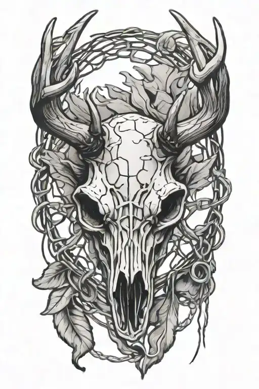 A tattoo of a deer skull with antlers intertwined with barbed wire tattoo design idea
