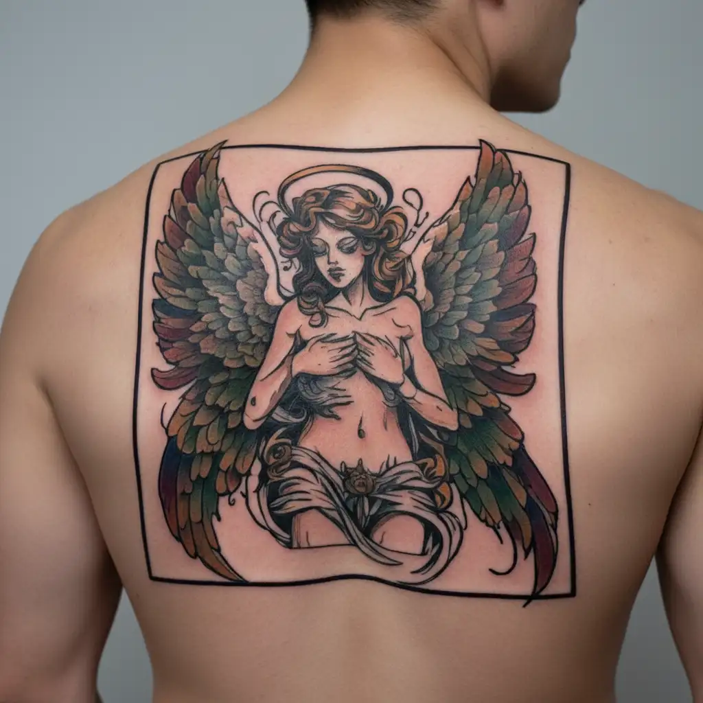angel wings with open hands on stomach and pelvic area  tattoo design idea