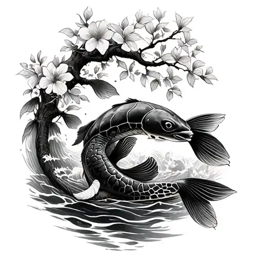 Left arm I want a mixture of Japanese cherry tree, carp koi, turtle tattoo design idea