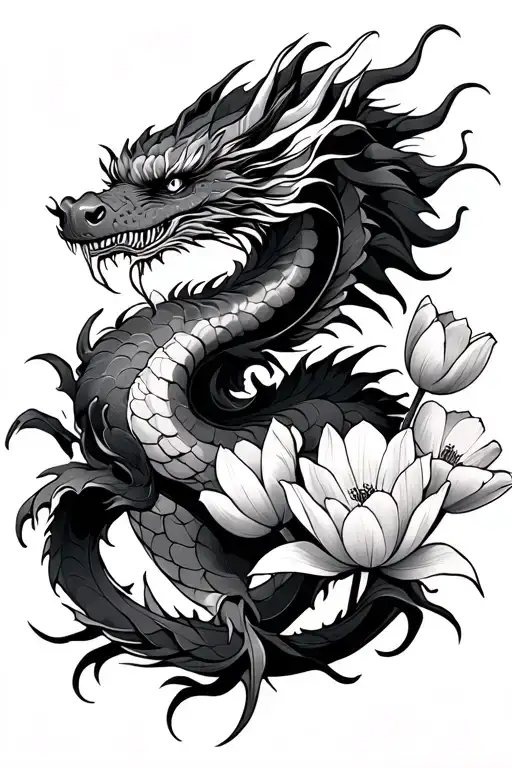 Japanese dragon and tulips tattoo design idea