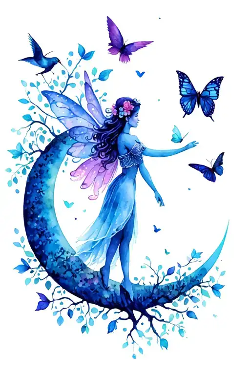 flying fairy, with a tree, birds, butterflies, crescent moon in background tattoo design idea