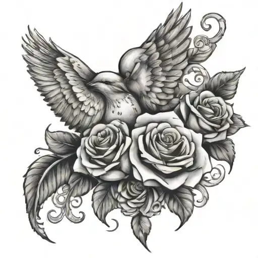 chicano style tattoo design for in the memory of someone with doves, roses, and roman numerals and hands with a necklace tattoo design idea