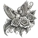 chicano style tattoo design for in the memory of someone with doves, roses, and roman numerals and hands with a necklace tattoo design idea