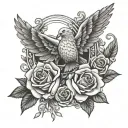 chicano style tattoo design for in the memory of someone with doves, roses, and roman numerals and hands with a necklace tattoo design idea