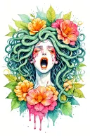 Medusa screaming and crying. Snakes as hair. bleeding flowers and forest fruits with thorns in background tattoo design idea
