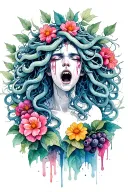 Medusa screaming and crying. Snakes as hair. bleeding flowers and forest fruits with thorns in background tattoo design idea