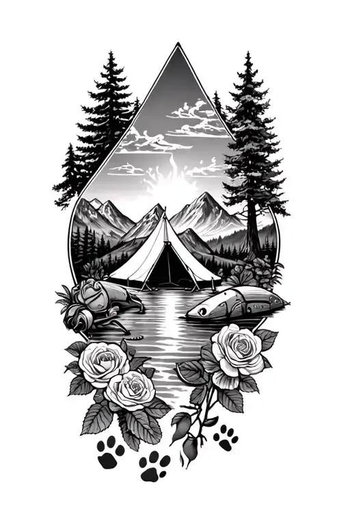Pistols, Mountains, Horse shoes, ranunculus, roses, tent, waterfall, sunset, trout, paws, baby footprints, fire, trees tattoo design idea
