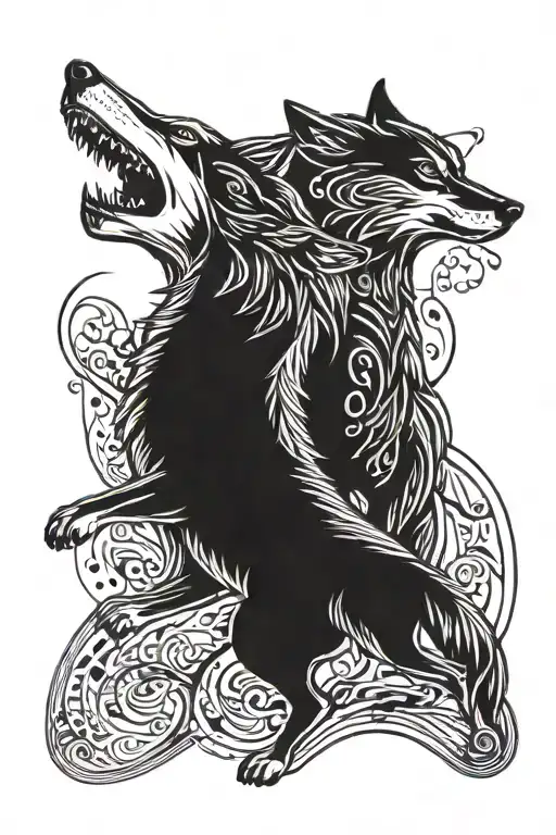 two wolves fighting each other with cosmic background  tattoo design idea