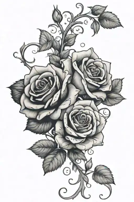two roses with vines snd leaves and twk forget me nots tattoo design idea