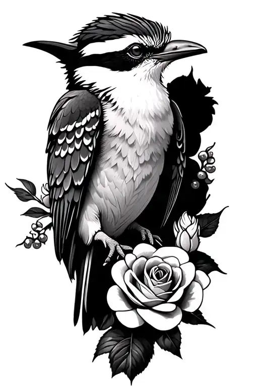 kookaburra with roses and wattle flowers forming tattoo design idea