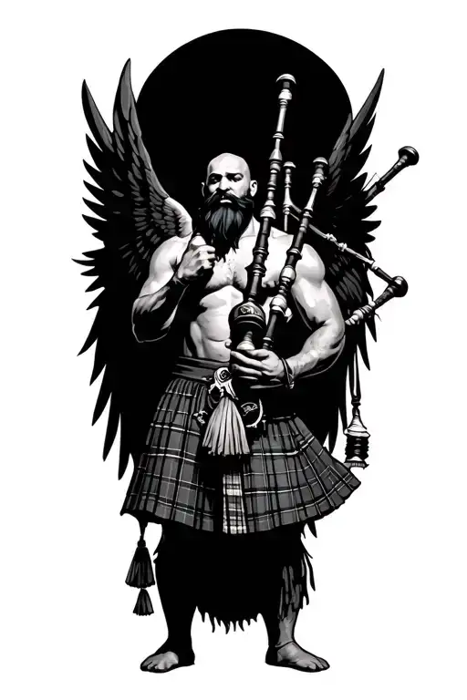 legless shirtless muscular bagpiper bald black beard playing bagpipes hoge black wings tattoo design idea