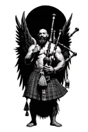legless shirtless muscular bagpiper bald black beard playing bagpipes hoge black wings tattoo design idea